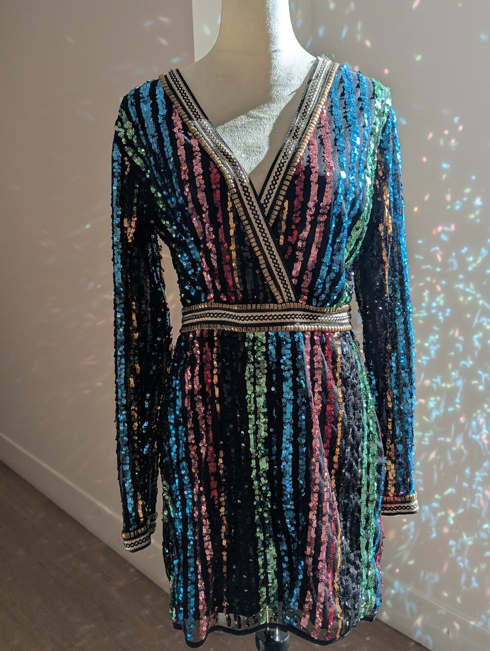 Endless Rose Black V-Neck Sequin Stripe Mini Dress